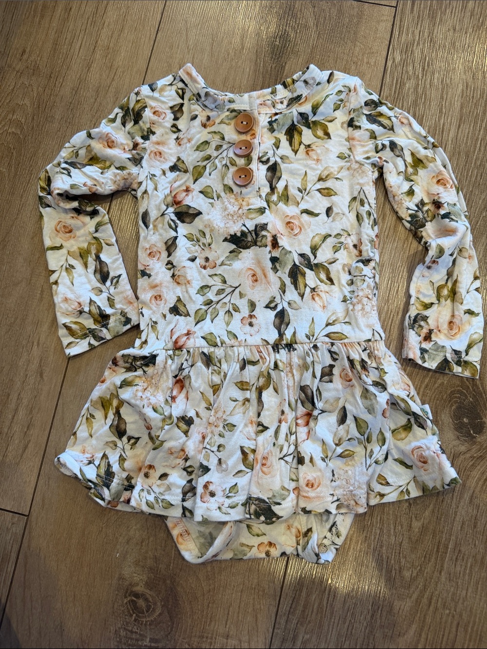 Posh Peanut Cream Floral Long-Sleeve Dress with Skirted Onesie 6-12 month light